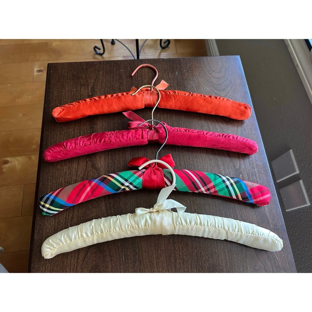 4 Vintage satin padded hangers ribbon bows red orange cream